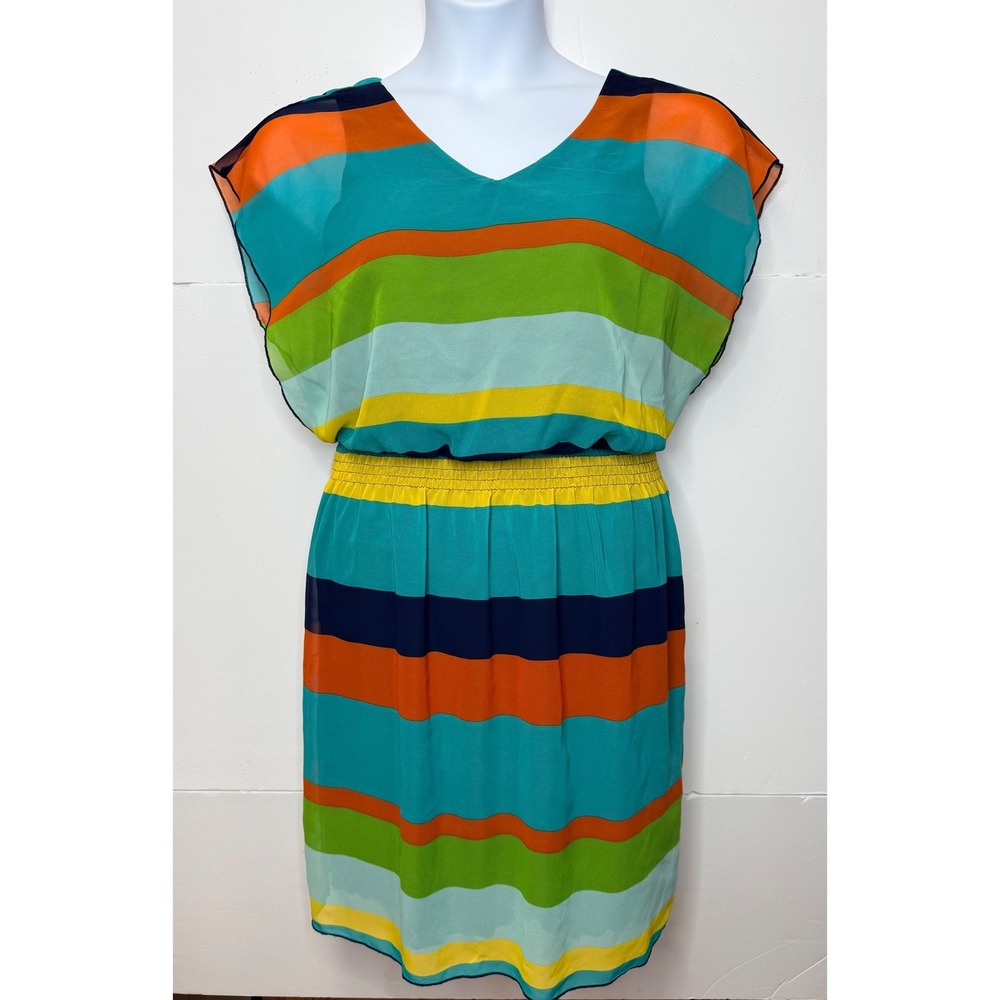 Striped Dress Women 4 Multicolor Chiffon Smocked Waist Boho Resort Tropical Chic